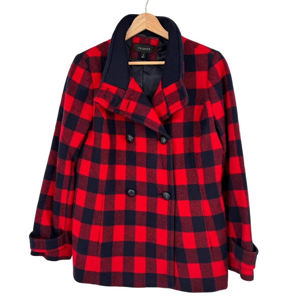 Talbots Womens Double Breasted Red Buffalo Plaid Wool Peacoat Size 8 new $249